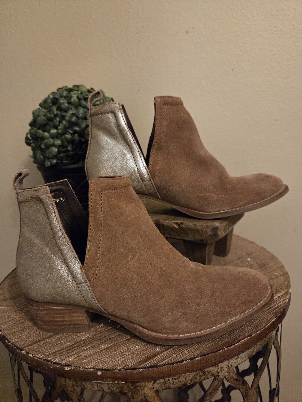 DIBA TRUE Stop By Camel Biege Metallic Suede Leather Side Cut Pull-On Ankle Boot